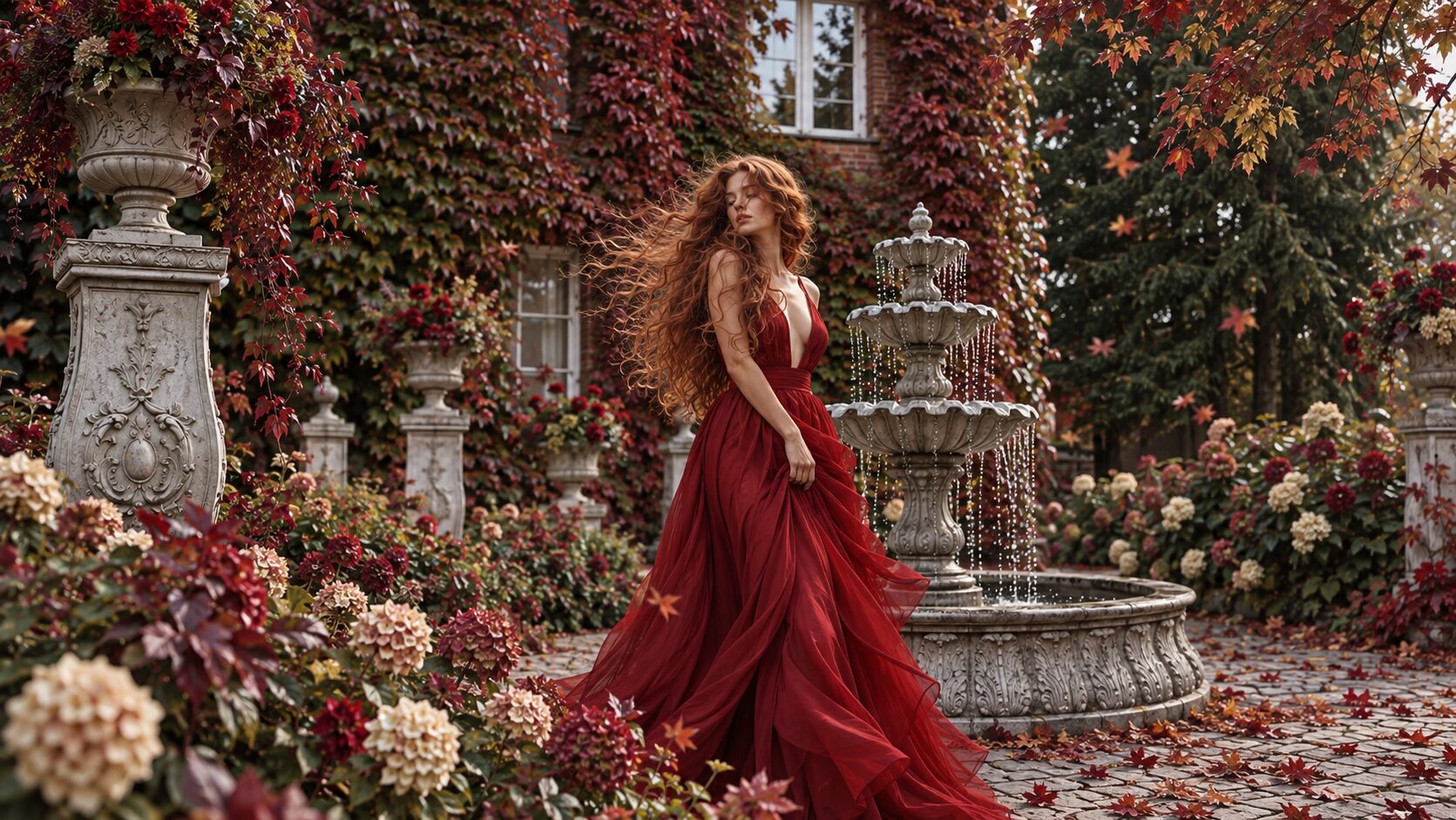 Модель в красном платье у фонтана в саду Secret Garden, стена с диким виноградом